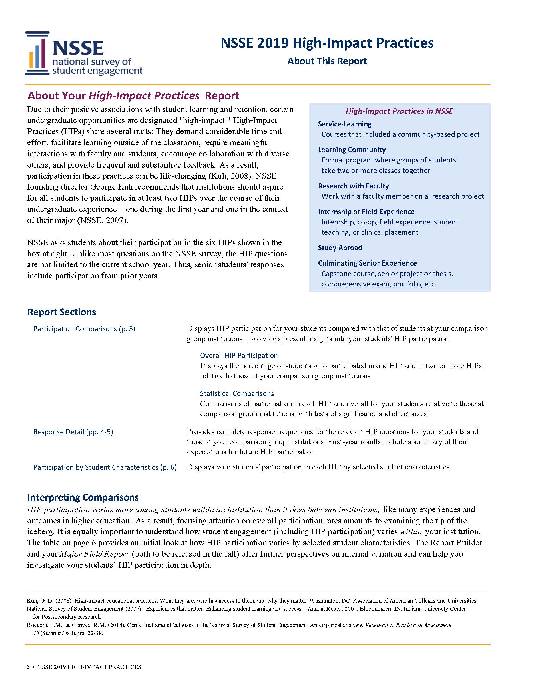 Sample Report: page 2 of NSSE High-Impact Practices