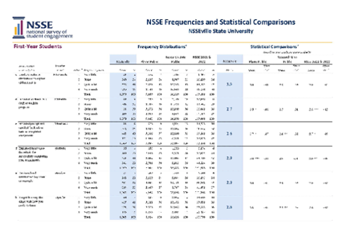 sample page of NSSE Frequencies and Statistical Comparisons