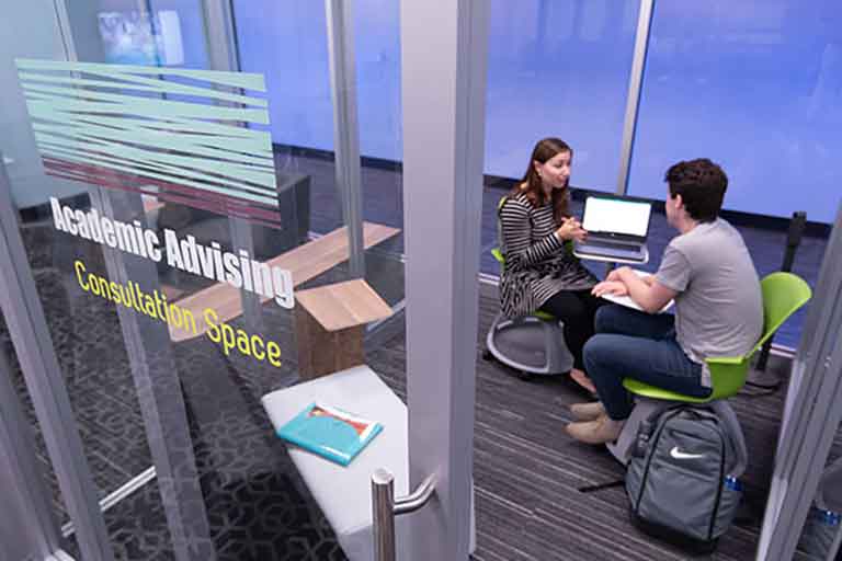 A photo of a student talking with an advisor at the D'Youville College Success Center
