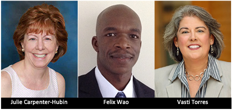 A single image of the headshots of special webinar guests Julie Carpenter-Hubin, Felix Who, and Vasti Torres.