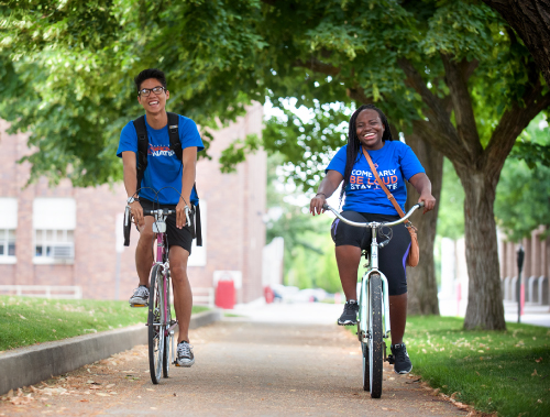 Photo of students on bicycles at Boise State University