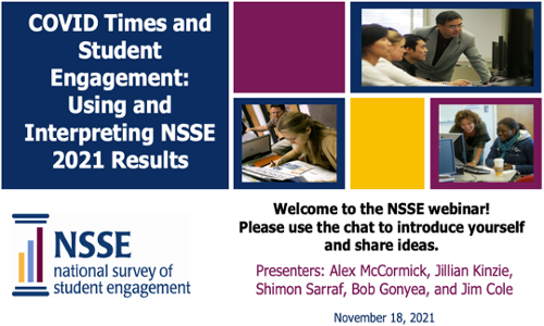 An image of the cover slide of the webinar entitled "Covid Times and Student Engagement: Using and Interpreting NSSE 2021 Results". Image includes the NSSE logo, names of presenters, and images of students and faculty in learning situations. 