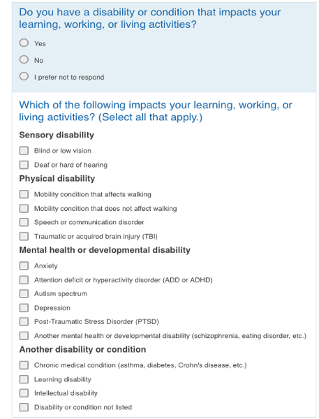 A screenshot of the disability question on the NSSE 2021 questionnaire. First, it asks: "Do you have a disability or condition that impacts your learning, working, or living activities?  with the response options of Yes, No, and I prefer not to respond. Then If answered “yes” the question follows up with: "Which of the following impacts your learning, working, or living activities? (Select all that apply.). The text reads as follows:   Sensory disability: Blind or low vision; Deaf or hard of hearing   Physical disability: Mobility condition that affects walking; Mobility condition that does not affect walking; Speech or communication disorder; Traumatic or acquired brain injury (TBI);   Mental health or developmental disability: Anxiety; Attention deficit or hyperactivity disorder (ADD or ADHD); Autism spectrum; Depression; Post-Traumatic Stress Disorder (PTSD); Another mental health or developmental disability (schizophrenia, eating disorder, etc.)   Another disability or condition: Chronic medical condition (asthma, diabetes, Crohn’s disease, etc.); Learning disability; Intellectual disability; Disability or condition not listed