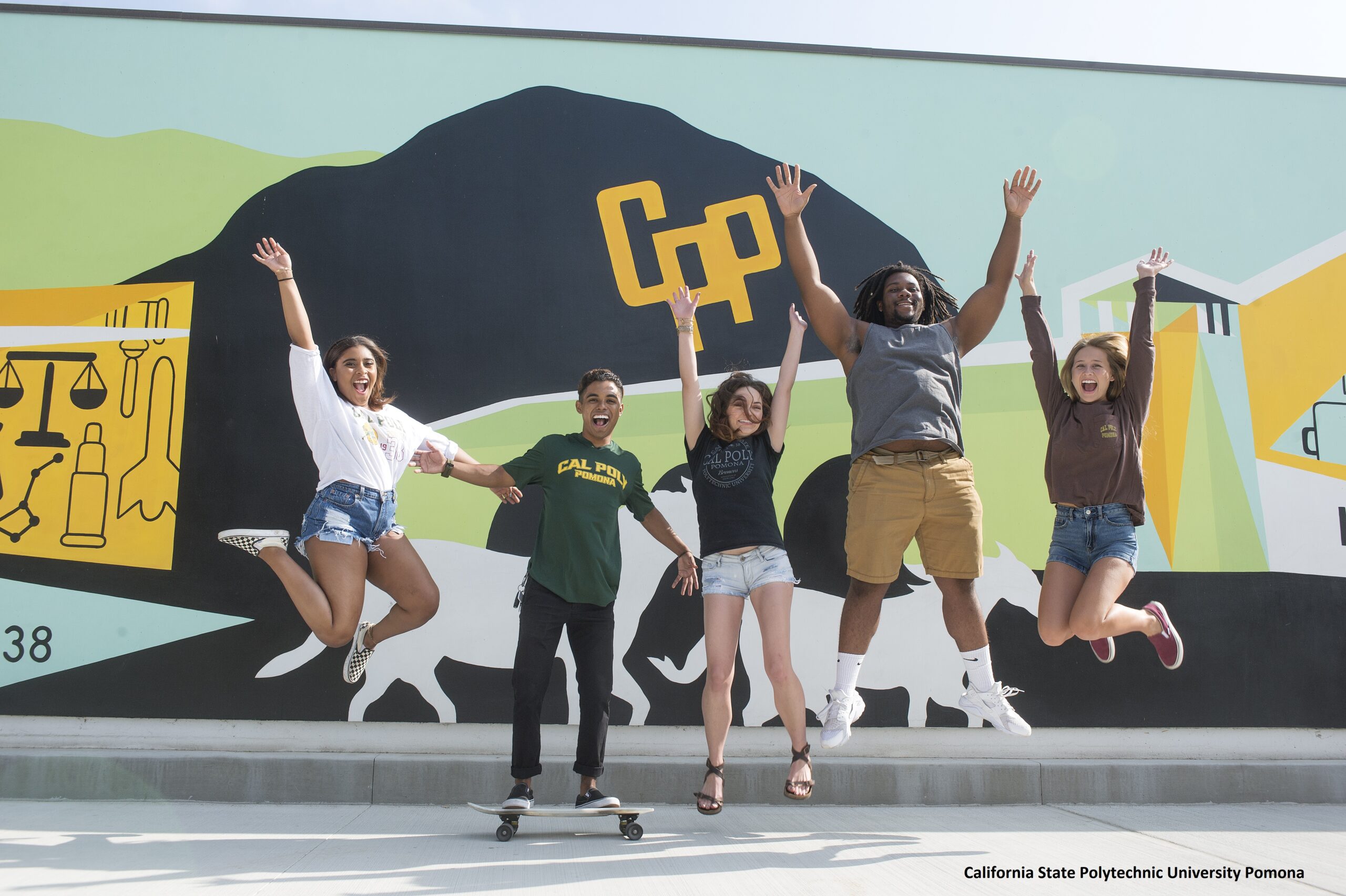 Students and mural1-Cal Poly Pomona students and mural near the parking structure. August 23, 2017.